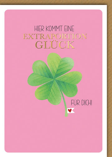 Geburtstagskarte Frauen – Kleeblatt auf Rosa mit Goldschrift und Herz - Detail