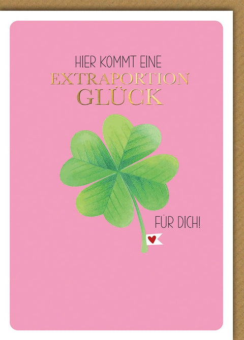 Geburtstagskarte Frauen – Kleeblatt auf Rosa mit Goldschrift und Herz - Detail