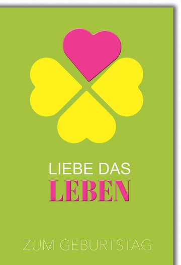 Geburtstagskarte Frauen – Kleeblatt mit Herzen und lebendigen Farben