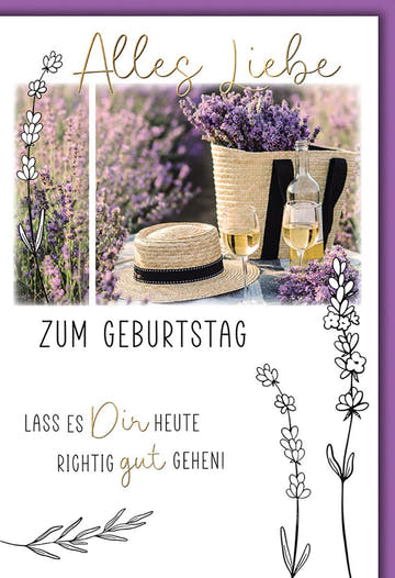 Geburtstagskarte Frauen – Lavendelkorb mit Strohhut und Sektflaschen im Sommerstil