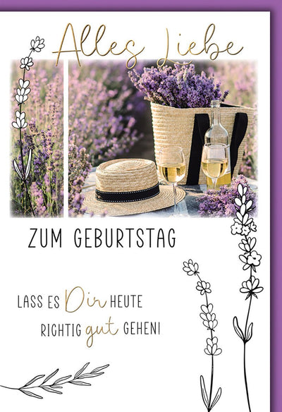 Geburtstagskarte Frauen – Lavendelkorb mit Strohhut und Sektflaschen im Sommerstil