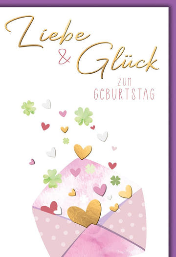 Geburtstagskarte Frauen – Liebe & Glück mit Herzkonfetti und Kleeblatt - Design