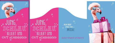 Geburtstagskarte Frauen Lustig – Flamingo mit Sonnenbrille und Geschenken in Pink