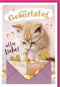 Geburtstagskarte Frauen – Niedliches Kätzchen mit Goldherzen und Glücksklee-Design