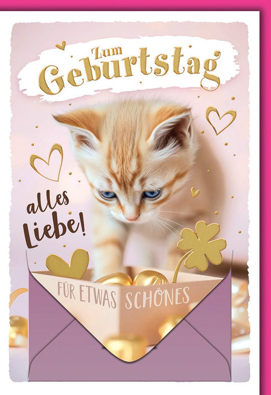 Geburtstagskarte Frauen – Niedliches Kätzchen mit Goldherzen und Glücksklee - Design