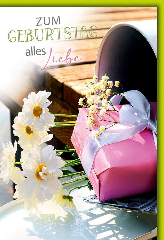 Geburtstagskarte Frauen – Rosa Geschenk mit Gänseblümchen und Schleife im Briefkasten