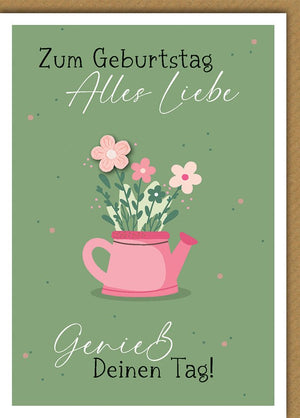 Geburtstagskarte Frauen – Rosa Gießkanne mit Blumen und verspieltem Design