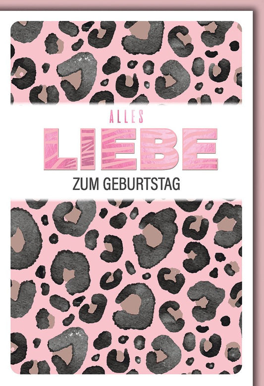 Geburtstagskarte Frauen – Rosa Leopard Muster mit Modernem Schriftzug und Glamour - Effekt