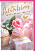 Geburtstagskarte Frauen – Rosa Rosen und Cupcakes mit Goldakzenten und Herzmotiven