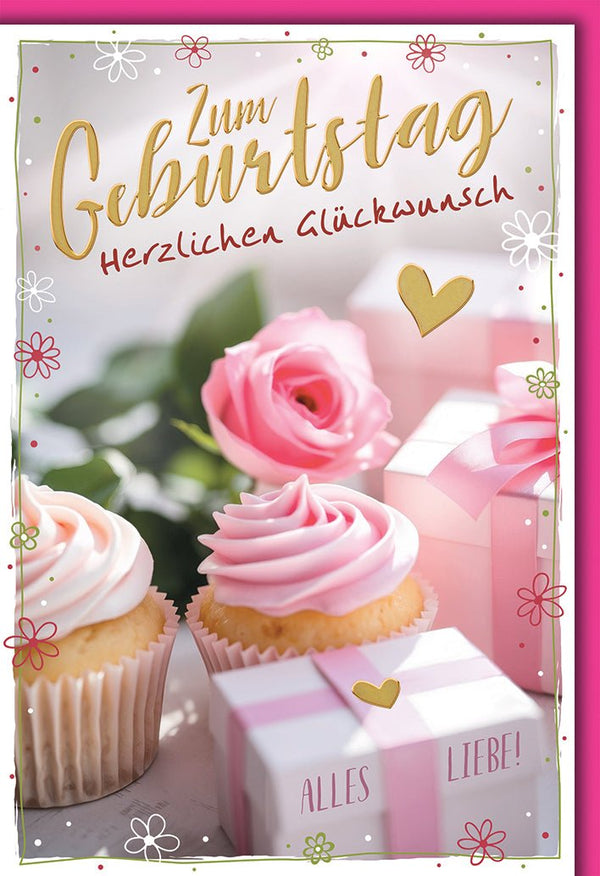 Geburtstagskarte Frauen – Rosa Rosen und Cupcakes mit Goldakzenten und Herzmotiven