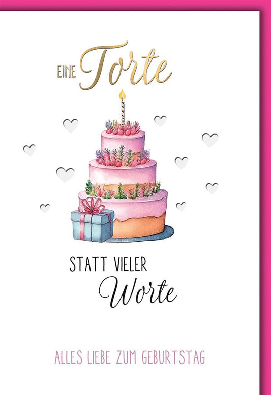Geburtstagskarte Frauen – Rosa Torte mit Geschenk und Herz - Details in Aquarell