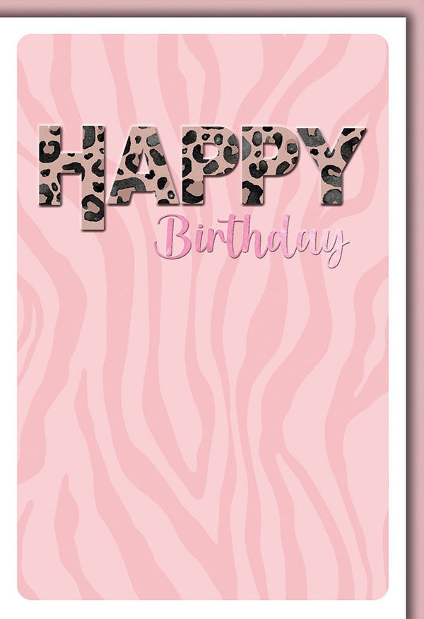 Geburtstagskarte Frauen – Rosa Zebra-Print mit Leopardenschrift und modernem Design