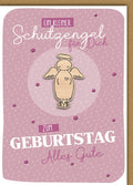 Geburtstagskarte Frauen – Schutzengel aus Holz auf rosa gepunktetem Hintergrund
