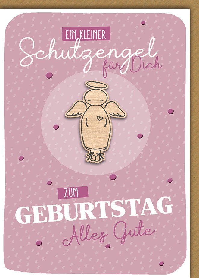 Geburtstagskarte Frauen – Schutzengel aus Holz auf rosa gepunktetem Hintergrund