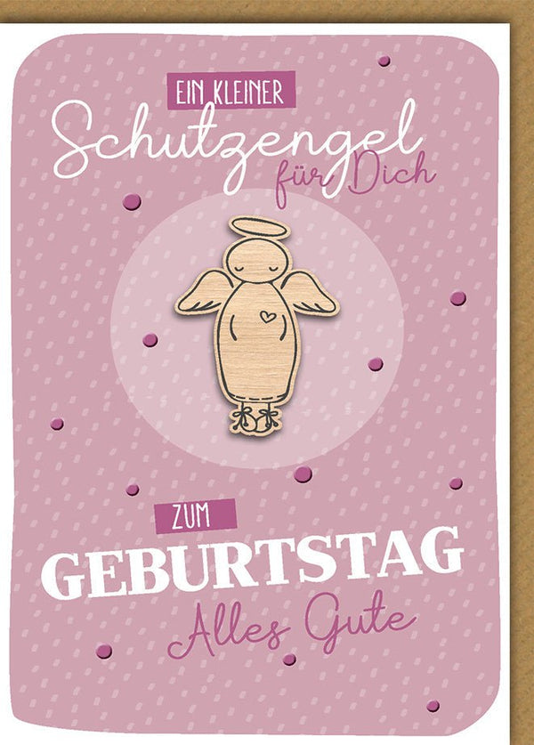 Geburtstagskarte Frauen – Schutzengel aus Holz auf rosa gepunktetem Hintergrund