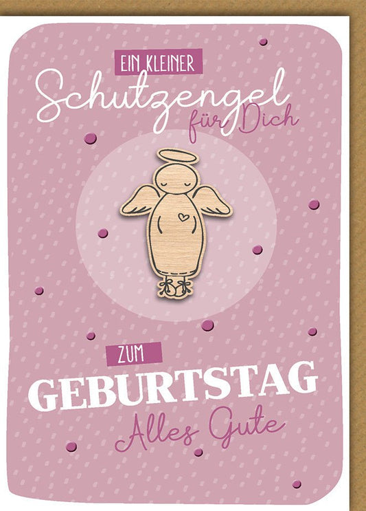 Geburtstagskarte Frauen – Schutzengel aus Holz auf rosa gepunktetem Hintergrund