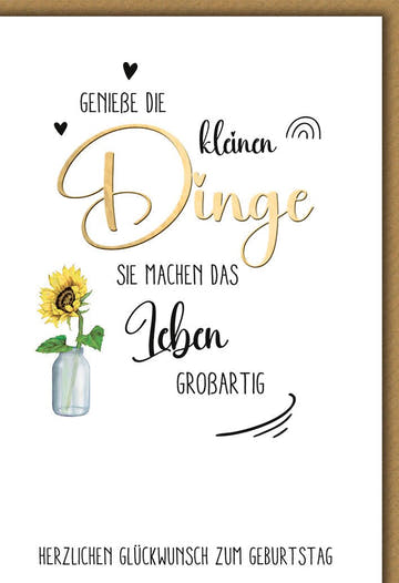 Geburtstagskarte Frauen – Sonnenblume im Glas mit verspieltem Typografie - Design
