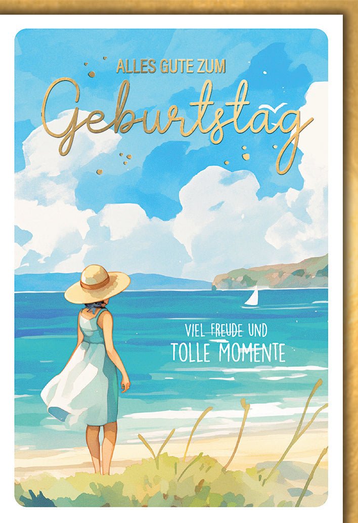 Geburtstagskarte Frauen – Strandlandschaft mit Frau im Sommerkleid und Aquarellstil