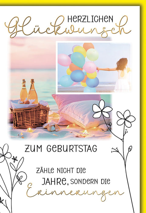Geburtstagskarte Frauen – Strandpicknick mit Ballons und inspirierendem Zitat