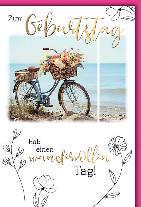 Geburtstagskarte Frauen – Vintage Fahrrad am Strand mit Blumen und handgeschriebenem Text