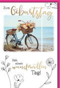 Geburtstagskarte Frauen – Vintage Fahrrad am Strand mit Blumen und handgeschriebenem Text
