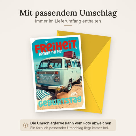 Geburtstagskarte Freiheit beginnt mit Mut – Bunter Bus am Strand mit Blumen und Koffer