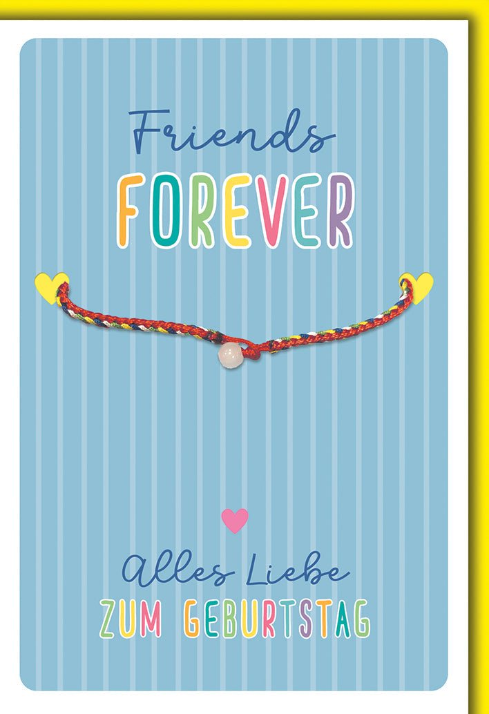 Geburtstagskarte Freunde – Buntes Armband auf Streifen mit Herz - Details und Schriftzug