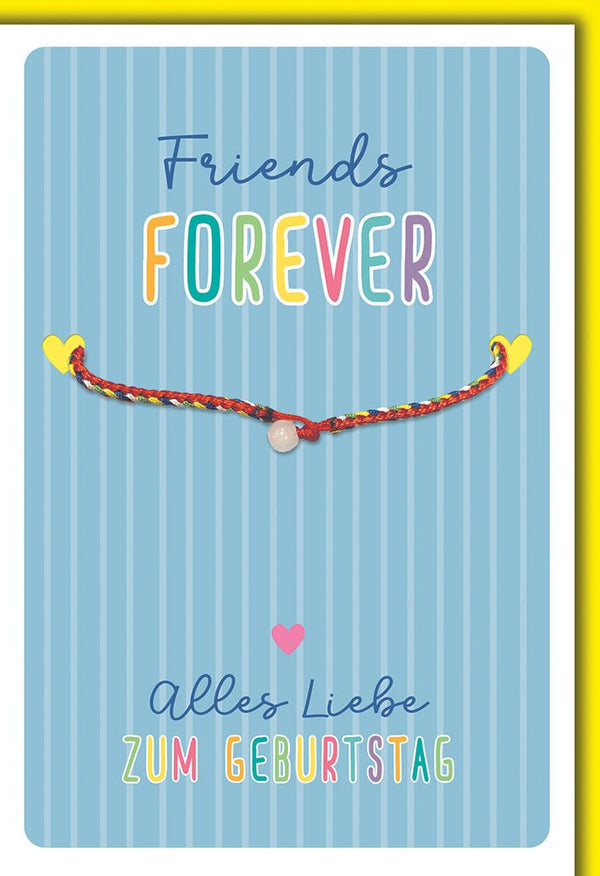 Geburtstagskarte Freunde – Buntes Armband auf Streifen mit Herz-Details und Schriftzug