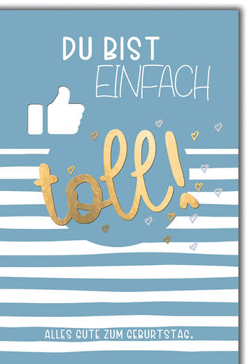 Geburtstagskarte Freundschaft – Daumen hoch mit Goldschrift und Streifenmuster