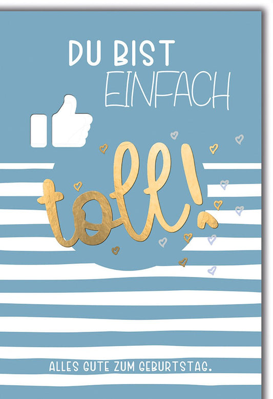 Geburtstagskarte Freundschaft – Daumen hoch mit Goldschrift und Streifenmuster