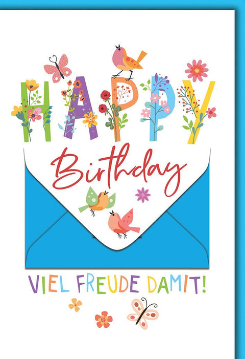 Geburtstagskarte Fröhlich – Bunte Blumen und Vögel mit Umschlag in lebhaften Farben
