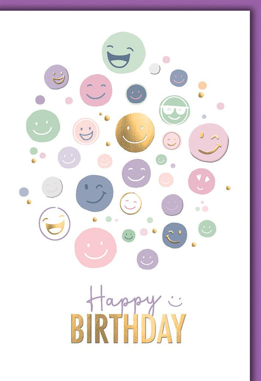 Geburtstagskarte Fröhlich – Bunte Smileys mit Goldakzenten und lila Rand