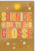 Geburtstagskarte Fröhlich – Sonnige Grüße mit bunten Mustern und Sternen auf Goldhintergrund