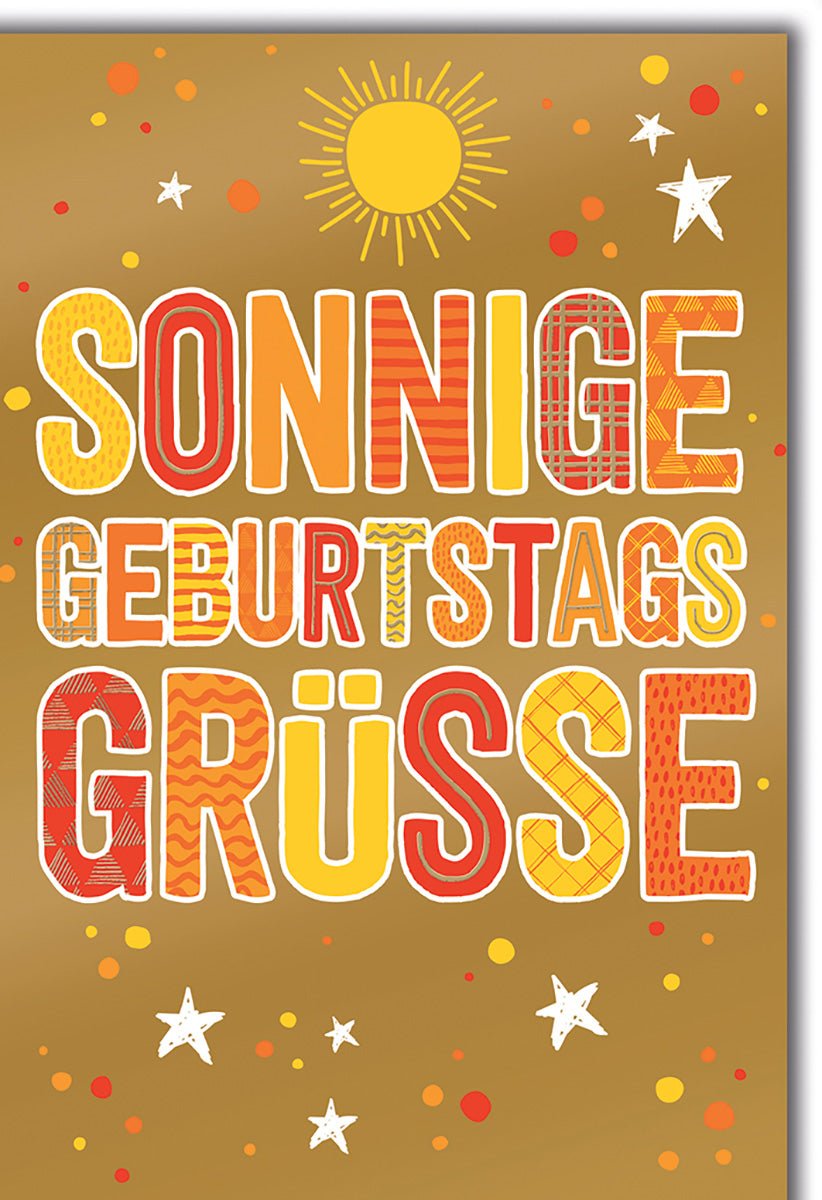 Geburtstagskarte Fröhlich – Sonnige Grüße mit bunten Mustern und Sternen auf Goldhintergrund
