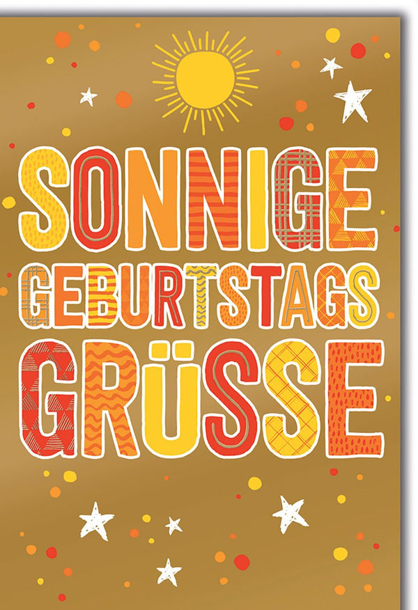 Geburtstagskarte Fröhlich – Sonnige Grüße mit bunten Mustern und Sternen auf Goldhintergrund