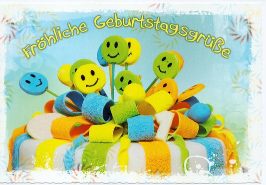 Geburtstagskarte fröhliche Geburtstagsgrüße mit buntem Geschenk und lachenden Smileys farbenfrohe Glückwunschkarte zum Geburtstag