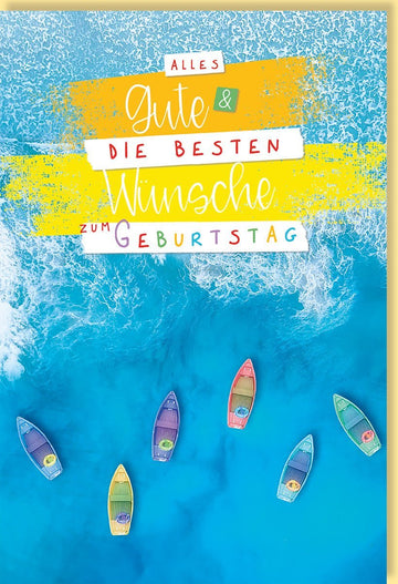Geburtstagskarte: Fröhliche Wünsche mit bunten Booten auf blauem Wasser