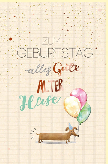 Geburtstagskarte: Fröhlicher Hund mit Partyhut & Luftballons auf Zuckerrohrpapier, Bunter Gruß für Geburtstagsfreude