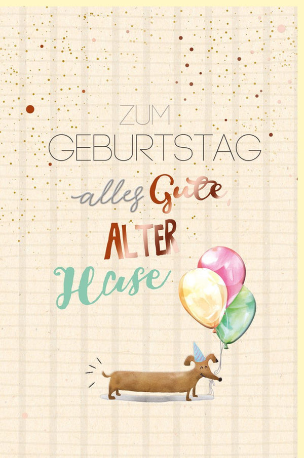 Geburtstagskarte: Fröhlicher Hund mit Partyhut & Luftballons auf Zuckerrohrpapier, Bunter Gruß für Geburtstagsfreude