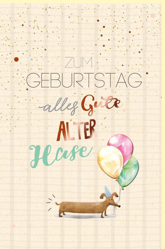 Geburtstagskarte: Fröhlicher Hund mit Partyhut & Luftballons auf Zuckerrohrpapier, Bunter Gruß für Geburtstagsfreude
