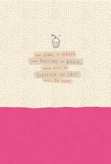 Geburtstagskarte – Fröhlicher Muffin mit Herz: Nachhaltige Postkarte aus Zuckerrohrpapier, Rosa & Beige Design