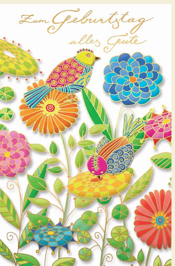 Geburtstagskarte - Fröhliches Vogel - und Blumendesign, Edle Glückwunschkarte für Feierlichkeiten, Hochwertige "Happy Birthday" Geschenkkarte