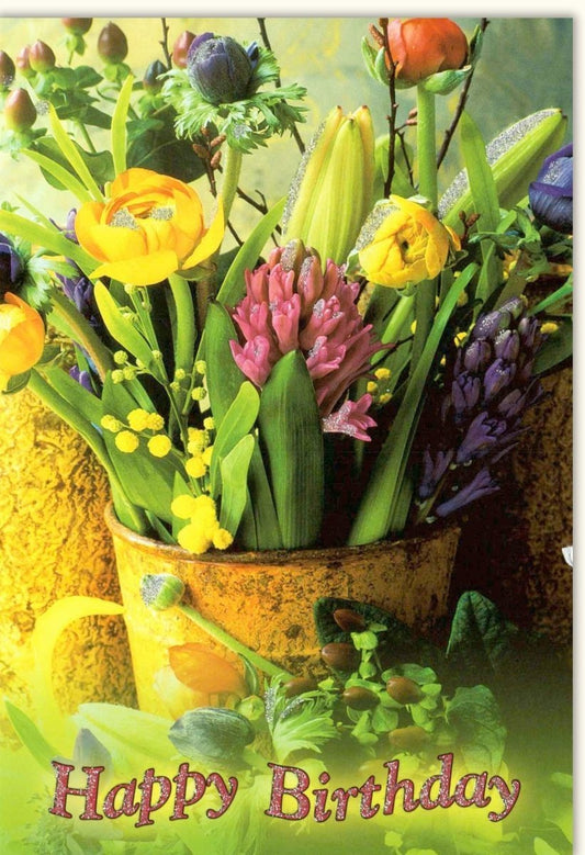 Geburtstagskarte - Frühlingshafte Tulpen & Hyazinthen in Gelb - Grün, "Happy Birthday" Design für besondere Anlässe