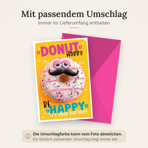 Geburtstagskarte für Frauen: Donut-Motiv mit lustigem Gesicht und Schnurrbart, bunte Streusel, "Donut Worry Be Happy" Botschaft