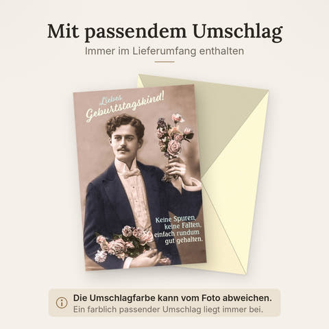 Geburtstagskarte für Herren - Retro Humor mit Blumen & Schnurrbart, Vintage Spaß, Faltenfrei, Rundum Glücklich, Nostalgische Scherzkarte