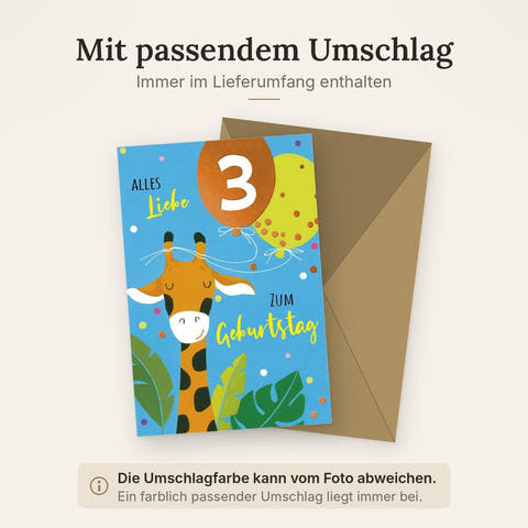 Geburtstagskarte für Kinder - Fröhliche Giraffe mit Ballons, 3. Geburtstag, Bunte Partyillustration von Galerie Dominique