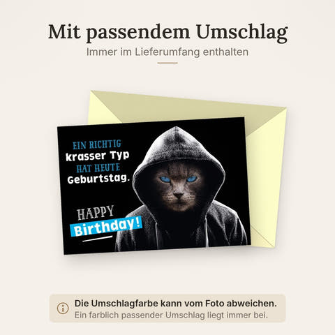 Geburtstagskarte für Männer coole Katze mit Kapuze lustig witzige Doppelkarte zum Geburtstag für echte Typen blaue Augen