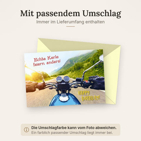Geburtstagskarte für Männer mit Motorradmotiv und Spruch Echte Kerle feiern anders coole Doppelkarte Happy Birthday für Biker