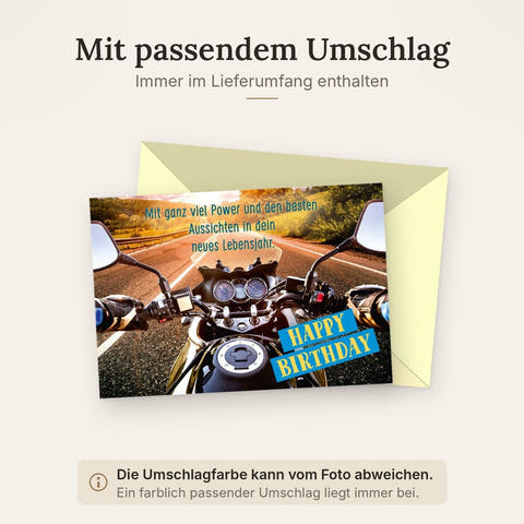 Geburtstagskarte für Männer Motorrad Motiv mit Spruch Power und Lebensfreude originelle Doppelkarte zum Geburtstag