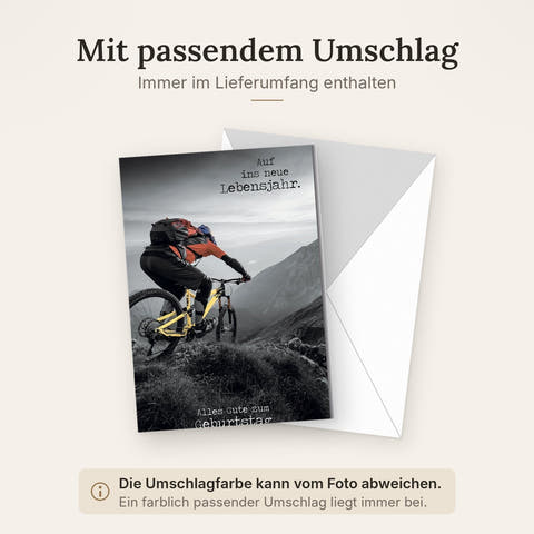 Geburtstagskarte für Radfahrer – Mountainbiker auf Bergpfad in Schwarz-Weiß mit Gelbem Akzent